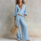 Women's Casual Linen Vacation Set – Three-Quarter Sleeve Top & Full-Length Pants