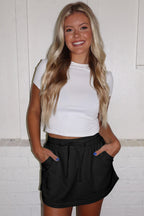 Black French Terry Drawstring Mini Skort with Pockets