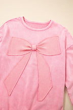 Orchid Bouquet Mineral Wash Waffle Bow Patched Pullover Sweatshirt