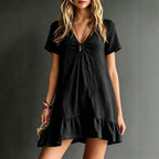 Women's V-Neck Short-Sleeve Midi Dress – Ice Silk Crepe Loose Casual