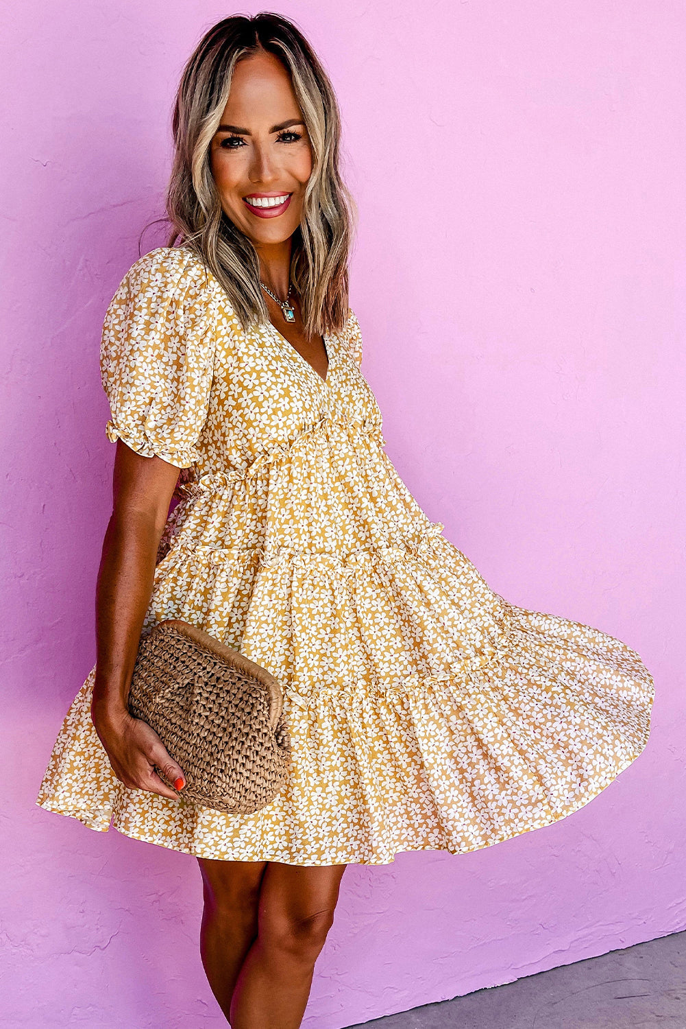 Yellow Floral Short Sleeve V Neck Frill Tiered Mini Dress