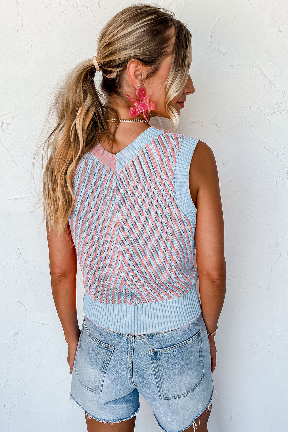 Light Pink Contrast Chevron Knit V Neck Sweater Vest