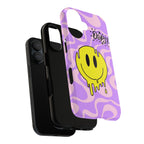 Phone Case Dripping Yellow Smiley on Purple Swirl "Oops!" Design