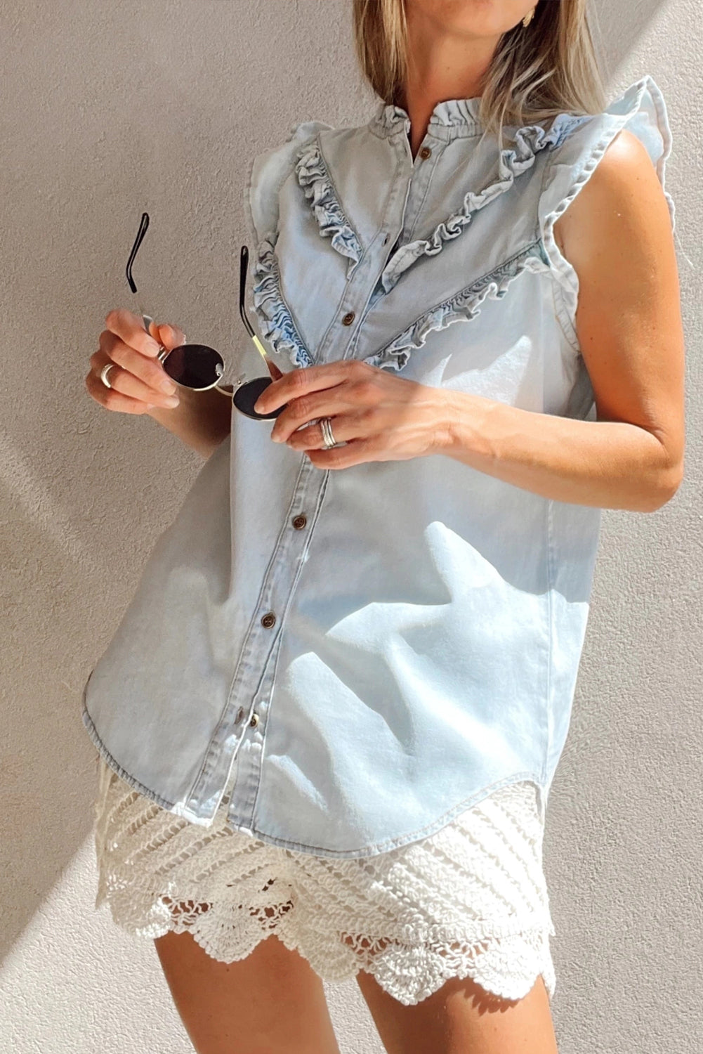 Sky Blue Mineral Wash Sleeveless Frill Button-Up Denim Shirt