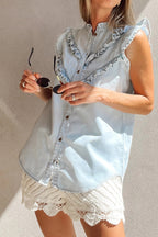 Sky Blue Mineral Wash Sleeveless Frill Button-Up Denim Shirt