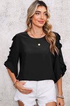 Black Frill Trim Plain Tulip Sleeve Blouse