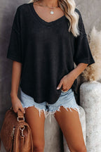 Purple Exposed Seam Half Sleeve Knitted V Neck Textured Top