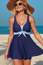 Sail Blue Color Block Patchwork Bow Knot Detail Sleeveless Swim Dress