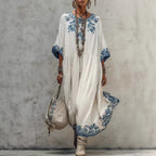 Women's Printed Batwing Sleeve Midi Dress – Loose Fit Linen Blend