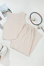 Apricot Buttoned V Neck Tank Top and Wide Leg Pants Casual Outfit