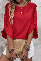 Black Frill Trim Plain Tulip Sleeve Blouse
