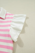 Pink Stripe Collar V Neck Ruffled Short Sleeve Blouse