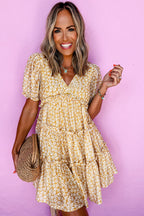 Yellow Floral Short Sleeve V Neck Frill Tiered Mini Dress