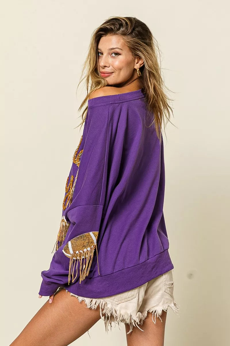 BiBi Sequin Football Patches Game Day Sweatshirt