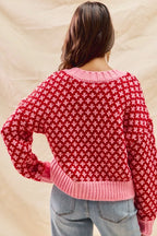SO ME Color Block Textured Christmas Sweater V Neck Top