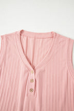 Gossamer Pink Ribbed Button V Neck Tank Top and Shorts Set
