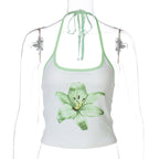 Printed Halterneck Lace-Up Ultra-Cropped Midriff-Baring Tank Top