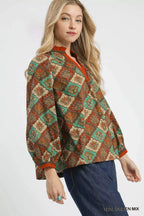 Umgee Abstract Print Ruffle Neck Top
