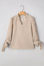 Straw Yellow Striped Print Tied Cuffs Split Neck Seersucker Blouse