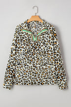 Khaki Leopard Print Long Sleeve Striped V Neck Top
