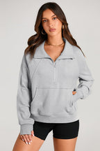 Smoke Green Quarter Zip Stand Neck Kangaroo Pocket Sweatshirt