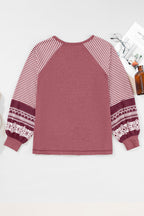 Tillandsia Purple Contrast Print Striped Raglan Long Sleeve Loose Top