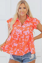Orange Floral Print Collared Button Neckline Flutter Sleeve Blouse