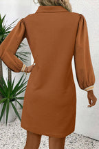 Chestnut Textured Contrast Striped Split Neck Long Sleeve Mini Dress