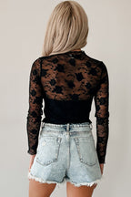 Apricot Pink Mock Neck Floral Lace Mesh Long Sleeve Top