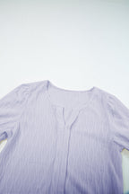 Beau Blue Solid Color Textured Notched Neck Puff Sleeve Blouse