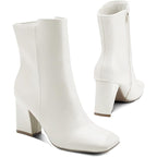New Mysoft Womens Size 8 White Faux Leather 3" Block Heel Zip Ankle Boots w Flaw