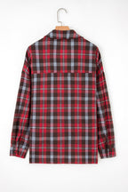 Red Plaid Print Collared V Neck Loose Blouse with Side Slits