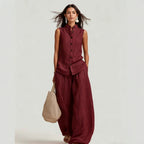 Women's Stand Collar Sleeveless Top & High-Waist Wide-Leg Pants Set