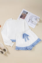 Yellow Cream Gingham Ruffle Hem Long Sleeve Pullover and Shorts Set