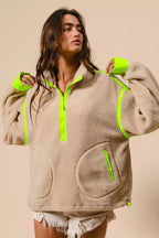 BiBi Contrast Edge Half Zip Up Sherpa Jacket