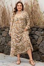 Khaki Abstract Plant Print Loose Plus Size Long Dress
