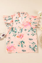 Pink Floral Print Frill V Neck Pleated Sleeve Blouse