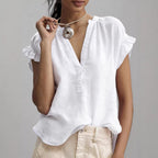 V-Neck Petal Sleeve Cotton-Linen Solid Top – 4 Colors, S–2XL