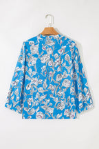 Sky Blue V Neck Floral Print 3/4 Puff Sleeve Blouse