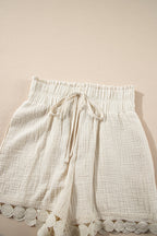 Apricot Textured Frilled Knotted High Waist Lace Hem Shorts