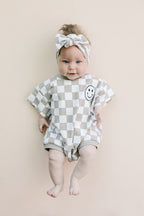 Short Sleeve Bubble Romper | Checkered Smiley Latte