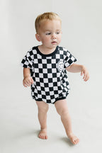 Short Sleeve Bubble Romper | Checkered Smiley Black