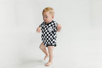 Short Sleeve Bubble Romper | Checkered Smiley Black