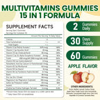 I Love Health® 15-in-1 Multivitamin Gummies for Adults & Kids - Enhanced Formula with Vitamin A, C, D3, E, B12, Zinc, Magnesium & More - Apple Flavor - 60 Gummies per Bottle - Made in cGMP Facility