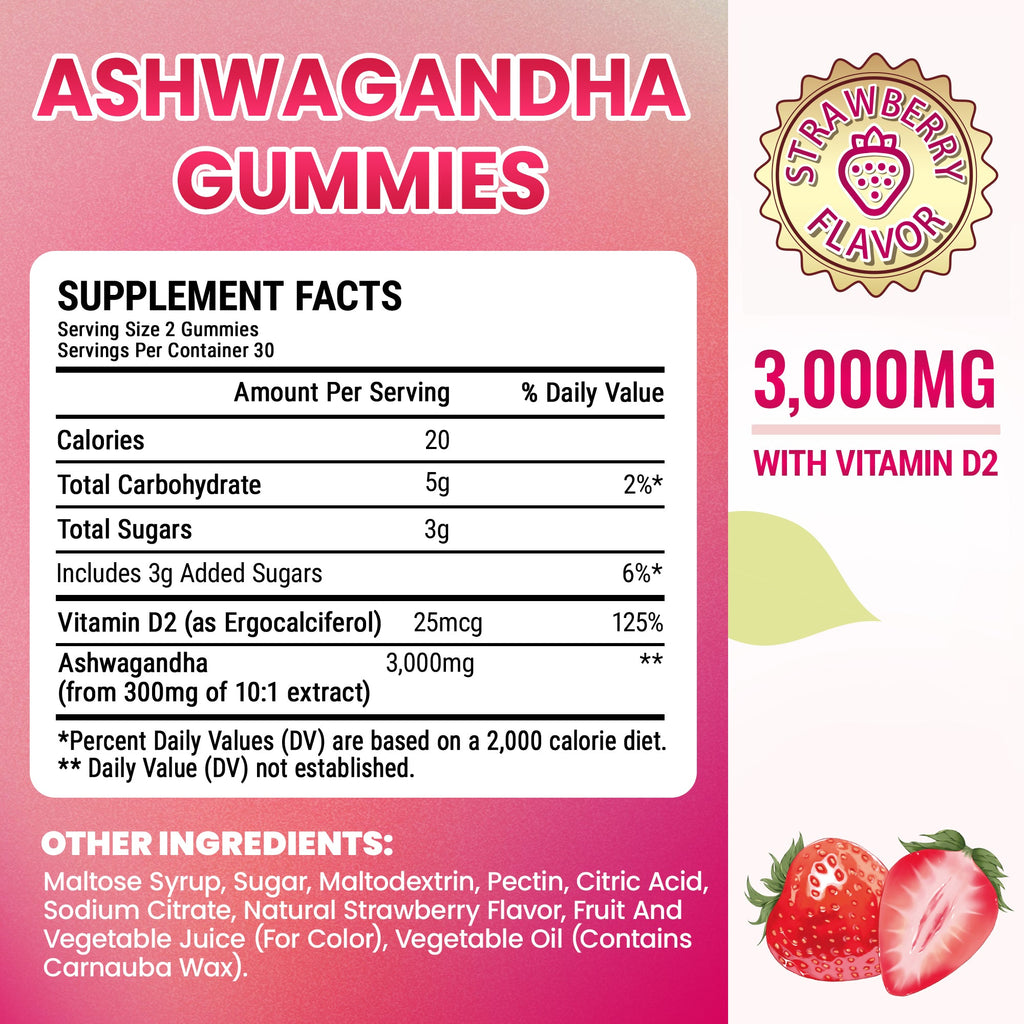 I Love Health Ashwagandha Gummies with Vitamin D2 - 3000mg Ashwagandha Extract (10:1) - Stress Relief, Sleep Support & Mood Calm - Strawberry Flavor - 60 Gummies - Non-GMO, Gluten-Free, 3rd Party Lab Tested, cGMP Certified