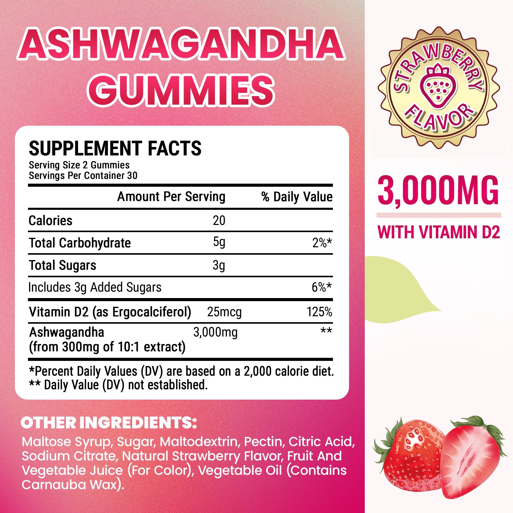 I Love Health Ashwagandha Gummies with Vitamin D2 - 3000mg Ashwagandha Extract (10:1) - Stress Relief, Sleep Support & Mood Calm - Strawberry Flavor - 60 Gummies - Non-GMO, Gluten-Free, 3rd Party Lab Tested, cGMP Certified