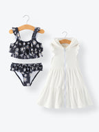 Summer Black Floral Girl Two Piece Swimsuit and Cover-up Set