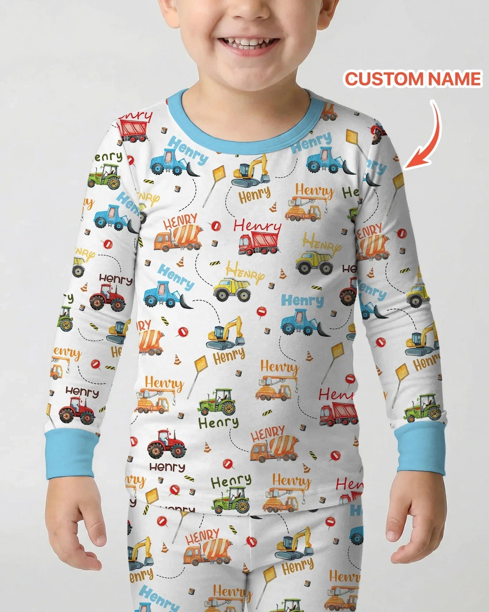 Construction Vehicles Custom Name Bamboo Two Piece Long Sleeve Pajama Set