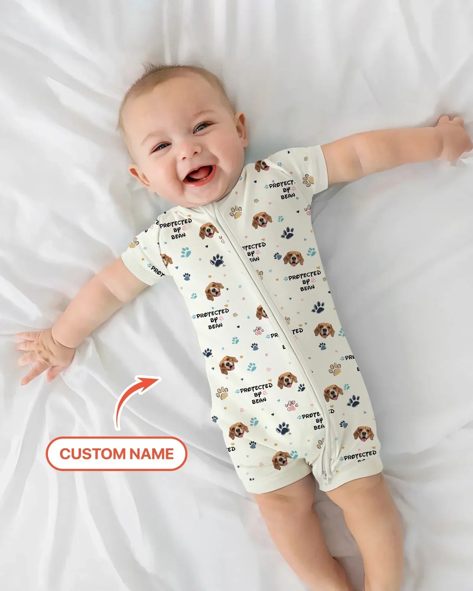 Custom Dog Photo Pattern "Protected By" Bamboo Shorty Zippered Romper