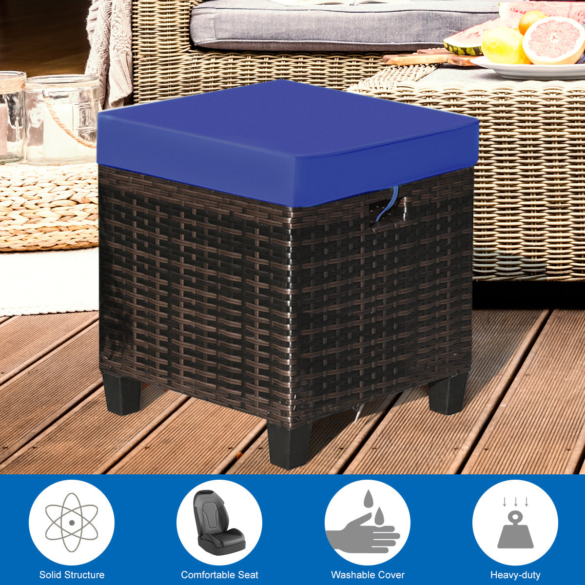 2 Pieces Patio Rattan Ottoman Set with Removable Cushions